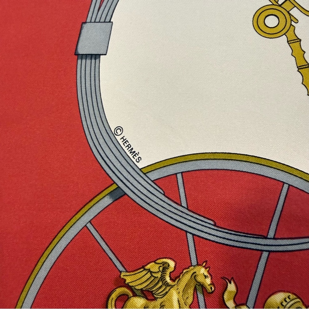 Hermes Silk Scarf 90 Carré Gold Red Equestrian Hand Rolled Made in France - Picture 10 of 10